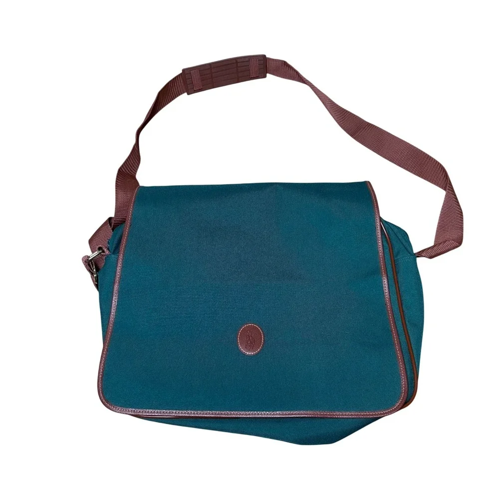 Polo Ralph Lauren Messenger Bag Teal Green Canvas Brown Trim Vintage Crossbody